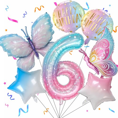 6 Jahre Schmetterling Geburtstag Deko, Schmetterling Folienballon 6 Jahre, Bunt Schmetterlinge Geburtstagsdeko Mädchen, Zahl 6 Luftballon für Kinder Geburtstag Mädchen Deko von SOETDERT