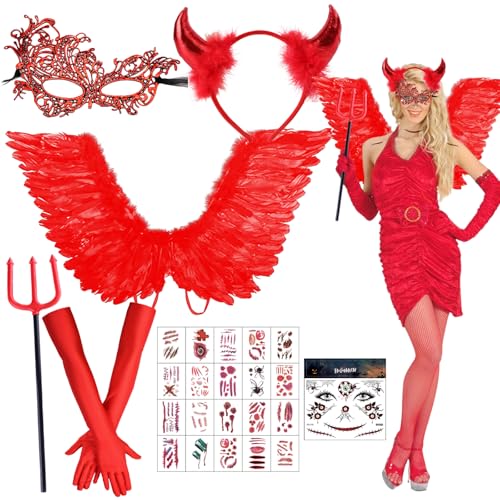 Teufel Kostüm Damen, Halloween Teufel Kostüm Damen, Engelsflügel, Teufel Hörner, Engel und Teufel KostümEngelsflügel Rot mit Teufel Horn Rot, Engel Kostüm für Halloween Karneval Party von SOETDERT