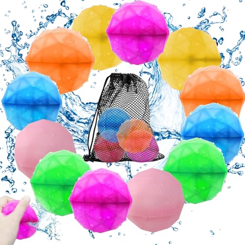 Wasserbomben Wiederverwendbar, 12 Stück Silikon Wasserbomben Selbstschließend mit Mesh Bag, Wiederverwendbare Wasserspielzeug Wasserbälle Kinder Erwachsene für Outdoor Pool Spielzeug Wasserschlachten von SOETDERT
