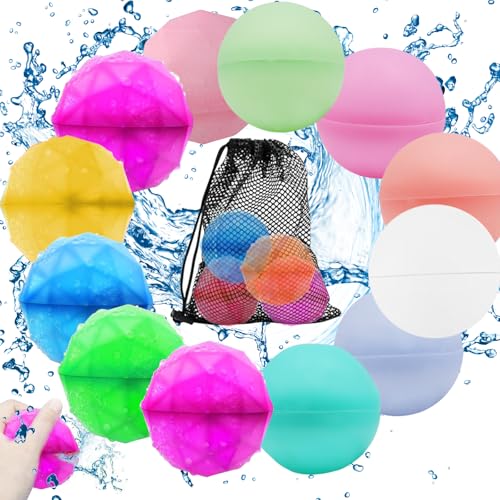 Wasserbomben Wiederverwendbar, 12 Stück Silikon Wasserbomben Selbstschließend mit Mesh Bag, Wiederverwendbare Wasserspielzeug Wasserbälle Kinder Erwachsene für Outdoor Pool Spielzeug Wasserschlachten von SOETDERT