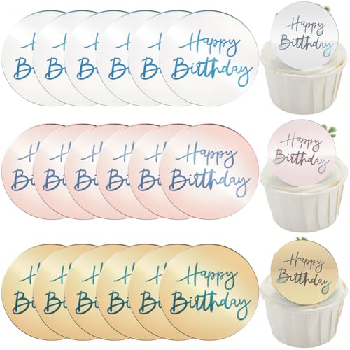 SOFPLATE 1 Box 21 Stück 3 Farben Runder Kuchenaufsatz Acrylscheibe Cupcake Topper Gold Silber Rosa Spiegel „Happy Birthday“ Dessert Cupcakes Kartendekoration Für Geburtstagsfeiern Backen DIY Dekoratio von SOFPLATE