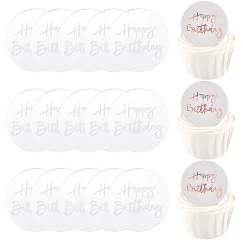 SOFPLATE 1 Box 21 Stück Scheibenförmige Kuchendekoration Silberne Cupcake Topper Aus Acryl 5cm Spiegelgravur Runde Form „Happy Birthday“ Dessert Cupcakes Kartendekoration Für Geburtstagspartys Backen von SOFPLATE