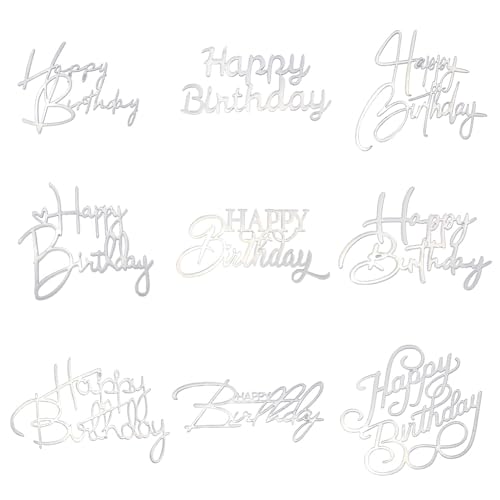 SOFPLATE 1 Box 9 Stile 18 Stück Silber Spiegel Acryl Kuchen Topper Happy Birthday Cupcake Topper Bulk Kunststoff Glänzend Doppelseitig Nicht essbare Kuchen Dekorationen für Feiern, Geburtstag, Party von SOFPLATE