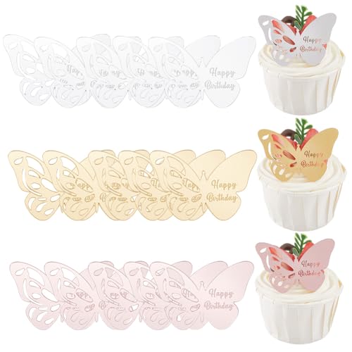 SOFPLATE 21 Stück 3 Farbige Bunte Cupcake Dekorationen „Happy Birthday“ Schmetterling Kleiner Spiegel Glänzendes Acryl Wiederverwendbare Karte Dessert Dekor Großpackung Cupcake Topper Für Geburtstagsf von SOFPLATE