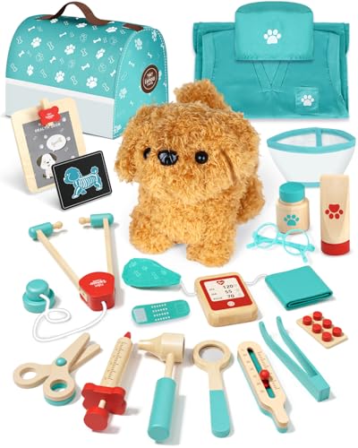 Tierarzt Spielzeug Kinder, Arztkoffer Kinder Holz, Doktorkoffer mit Kleidung und Hut, Arztkoffer Rollenspiel Kit, Geschenk Mädchen 3 Jahre(Grün) von SOGAWEBB