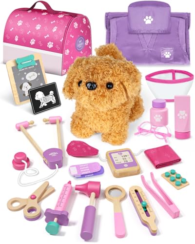 Tierarzt Spielzeug Kinder, Arztkoffer Kinder Holz, Doktorkoffer mit Kleidung und Hut, Arztkoffer Rollenspiel Kit, Geschenk Mädchen 3 Jahre(Rosa) von SOGAWEBB