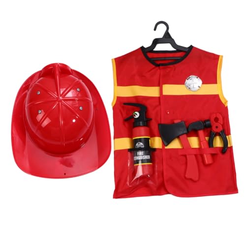 SOIMISS 7 Stück Feuerwehrmann Kostüm Set mit Weste Helm Hammer Axt Feuerlöscher Zange und Brustabzeichen Sicheres Rollenspiel Outfit für Fasching Karneval Party und Fantasiespiele von SOIMISS