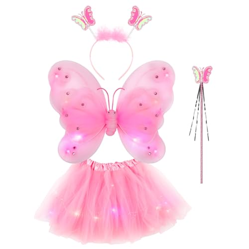 SOIMISS Kleine Mädchen LED Fee Prinzessin Kostüm Set Schmetterling Flügel Tutu Rock Zauberstab Stirnband von SOIMISS