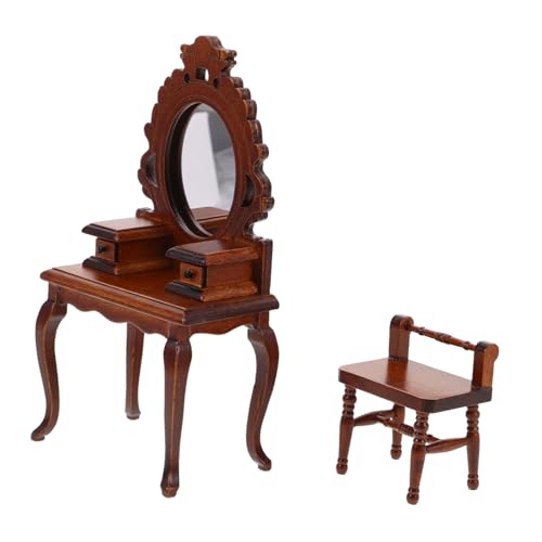 SOIMISS Maßstab Holz Vintage Puppenhaus Möbel mit Spiegel und Hocker Retro Schlafzimmer Dekoration für Puppenhaus Schlafzimmer von SOIMISS