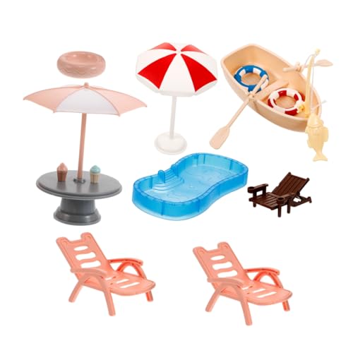 SOIMISS Miniatur Dollhouse Schwimmring und Strandzubehör mit Pool Sonnenschirm Strandstuhl und Boot für DIY Garten und Puppenhausdekorationen von SOIMISS
