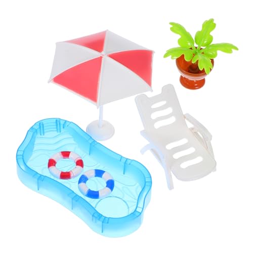 SOIMISS Miniatur Puppenhaus Strandzubehör mit Mini Pool Strandstuhl Sonnenschirm und Schwimmring Farbenfroh Kompakt und Tragbar für DIY Feengarten und Spielszene von SOIMISS