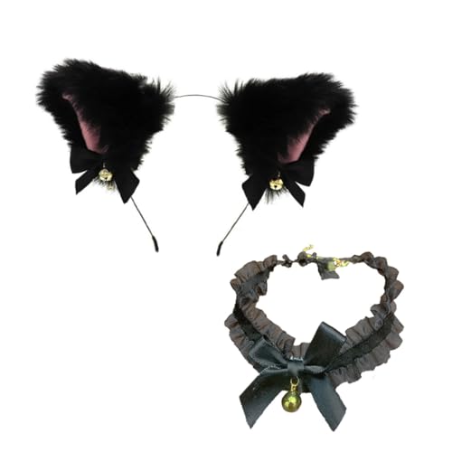SOIMISS Plüsch Katzenohren Haarreif mit Schwarzer Schleife und Verstellbarem Halsband Niedliches Cosplay Stirnband für Halloween Karneval Musikfest und Themenpartys von SOIMISS
