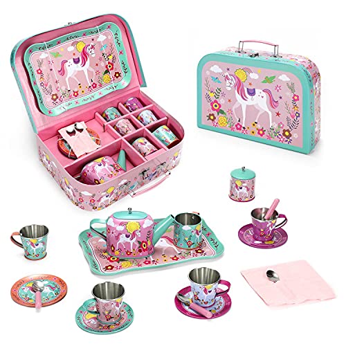 SOKA Einhorn Metall Zinn Teekanne Set mit Tragetasche Spielzeug für Kinder – 18 Stück illustriertes buntes Design Spielzeug Tee Party Set für Jungen Mädchen Rollenspiele SOKA Einhorn Metall Zinn Teekanne Set mit Tragetasche Spielzeug für Kinder – 18 Stück illustriertes buntes Design Spielzeug Tee Party Set für Jungen Mädchen Rollenspiele von SOKA Play Imagine Learn