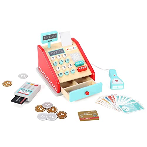 SOKA Registrierkasse, rot und mintgrün, Holz, klassisches Kassier-Rollenspiel, Supermarkt, Einkaufskasse, Geldkassenspielzeug, Lernspielzeug für Kinder, Mädchen, Jungen, ab 3 Jahren von SOKA Play Imagine Learn
