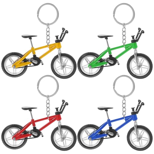 SOLUSTRE 4 Stück Miniatur Fahrradmodell Handgefertigte Finger Mountainbike Schlüsselanhänger Kreative Deko für Sammler Authentisches Design Gelb Rot Blau und Grün von SOLUSTRE