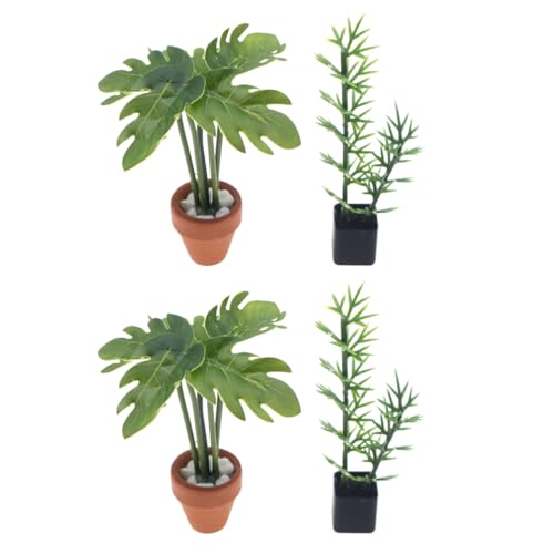 SOLUSTRE 4 Stück Miniatur-Puppenhauspflanzen, Simulation Bonsai-Töpfe, Bambus, Monstera-Blatt, Kunstpflanzen, künstliches kleines Grün, Ornament für DIY-Puppenhaus-Mikrolandschaften von SOLUSTRE