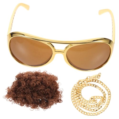 SOLUSTRE Jahre Disco Kostümset mit Brauner Perücke Fake Goldkette und Großer Sonnenbrille Teiliges Partyzubehör für Damen und Herren Geeignet für Halloween Cosplay und Karneval SOLUSTRE Jahre Disco Kostümset mit Brauner Perücke Fake Goldkette und Großer Sonnenbrille Teiliges Partyzubehör für Damen und Herren Geeignet für Halloween Cosplay und Karneval von SOLUSTRE