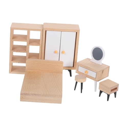 SOLUSTRE Miniatur Schlafzimmer Puppenhaus Möbel Teilig Vollholz Weißer Kleiderschrank Doppelbett Schminktisch Kompakte Realistische Puppenhaus Möbel für Kreative Spiel und von SOLUSTRE
