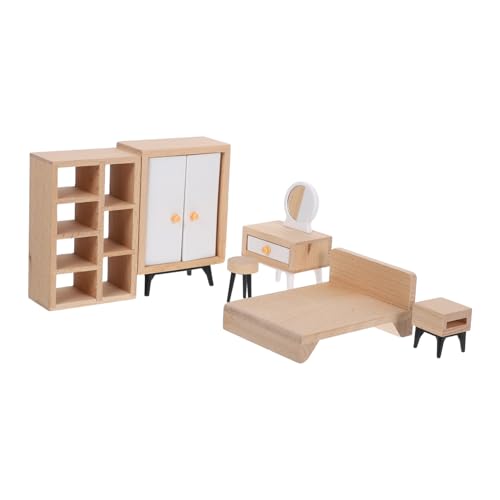 SOLUSTRE Miniatur Schlafzimmer Puppenhaus Möbel Teilig aus Vollholz Weißer Kleiderschrank Doppelbett Schminktisch Nachttisch für Puppenhaus Dekoration und Kinderspiel von SOLUSTRE