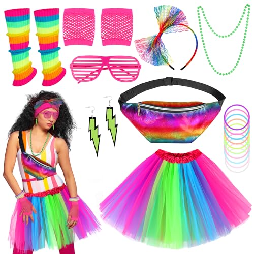 SOMSOC 18 Stücke 80er Jahre Damen Kostüm Accessoires Set 80er Jahre Retro Party Set Tutu Kopfband Handschuhe Brille für Frauen von SOMSOC