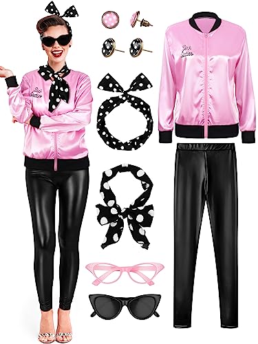 SOMSOC 1950er Jahre Rosa Satin Jacke mit Hose Polka Dot Schal Stirnband Ohrringe und Katzenauge Brille Halloween Cosplay Kostüm Set von SOMSOC