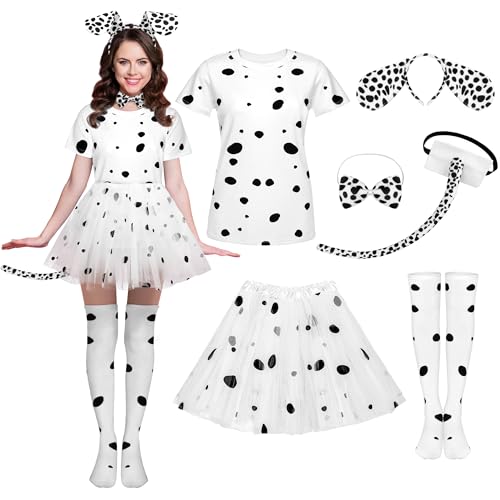 SOMSOC 6-teiliges Dalmatiner Kostüm Set Dalmatiner Frau T-Shirt Stirnband Schwanz Fliege Socke Tutu Rock für Erwachsene Halloween Cosplay SOMSOC 6-teiliges Dalmatiner Kostüm Set Dalmatiner Frau T-Shirt Stirnband Schwanz Fliege Socke Tutu Rock für Erwachsene Halloween Cosplay von SOMSOC