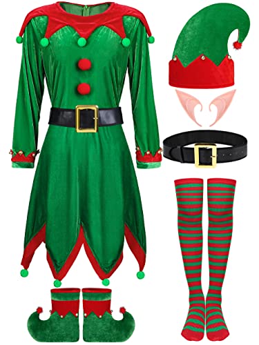 SOMSOC 6er-Pack Damen Weihnachten Elf Kostüm Set Samt Kleid Weihnachtsmann Helfer Kostüm Weihnachten Festliches Outfit mit Elf Hut Schuhe Ohren Gürtel Gestreift Over Knee High Socks SOMSOC 6er-Pack Damen Weihnachten Elf Kostüm Set Samt Kleid Weihnachtsmann Helfer Kostüm Weihnachten Festliches Outfit mit Elf Hut Schuhe Ohren Gürtel Gestreift Over Knee High Socks von SOMSOC