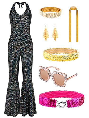 SOMSOC 70er Jahre Damen Disco Fashion Jumpsuit Kostüm Zubehör Set mit Schal Ohrringe Armband Brille Gürtel für Halloween von SOMSOC