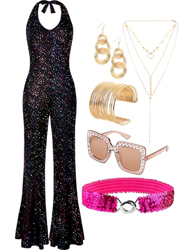 SOMSOC 70er Jahre Disco Jumpsuit Kostüme Frauen Mode Disco Zubehör für Halloween Halskette Ohrringe Armband Brille Gürtel SOMSOC 70er Jahre Disco Jumpsuit Kostüme Frauen Mode Disco Zubehör für Halloween Halskette Ohrringe Armband Brille Gürtel von SOMSOC