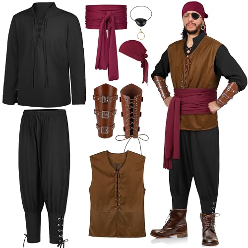 SOMSOC 8 Stück Herren Halloween Renaissance Mittelalter Kostüm Set Piraten Hemd Wikinger Weste Hose Kopftuch Gürtel, schwarz/schwarz, L SOMSOC 8 Stück Herren Halloween Renaissance Mittelalter Kostüm Set Piraten Hemd Wikinger Weste Hose Kopftuch Gürtel, schwarz/schwarz, L von SOMSOC