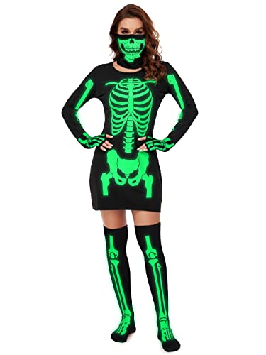 SOMSOC Damen Halloween Skelett Kostüm Leuchtet im Dunkeln Skelett Kleid Handschuhe Hohe Socken Totenkopf Gesichtsbedeckung Set von SOMSOC