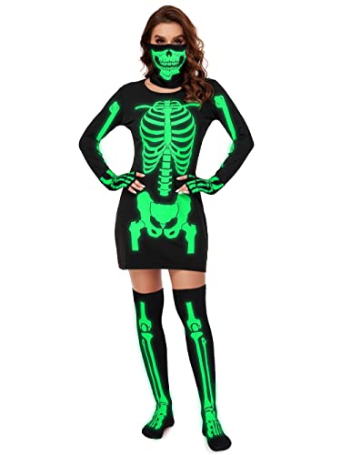 SOMSOC Damen Halloween Skelett Kostüm Leuchtet im Dunkeln Skelett Kleid Handschuhe Hohe Socken Totenkopf Gesichtsbedeckung Set SOMSOC Damen Halloween Skelett Kostüm Leuchtet im Dunkeln Skelett Kleid Handschuhe Hohe Socken Totenkopf Gesichtsbedeckung Set von SOMSOC