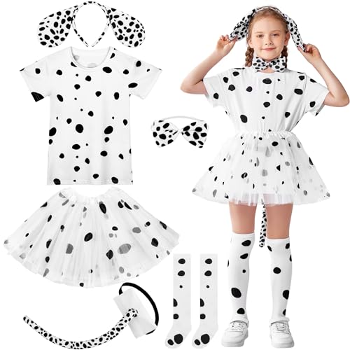 SOMSOC Halloween-Kostüm-Set für Mädchen, Dalmatiner-Hunde-Kostüm, 6-teilig, T-Shirt, Stirnband, Schwanz, Fliege, Socken, Tutu, Rock, Schwarz / Weiß, 3-4 Jahre von SOMSOC