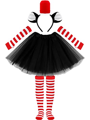 SOMSOC Mädchen Tüll Tutu Rock Kostüm Set Tutu Rock Stirnband mit Ofenrohr Hut Hoher Strumpf Gestreifte Strumpfhose Langarm Fingerlose Handschuhe für 100. Schulkind Cosplay von SOMSOC