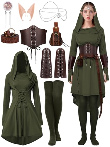 SOMSOC Renaissance-Feenkostüme für Damen, mittelalterliches Kapuzenmantel, Schnürkleid, Zubehör, traditionelles Set für Halloween, Cosplay SOMSOC Renaissance-Feenkostüme für Damen, mittelalterliches Kapuzenmantel, Schnürkleid, Zubehör, traditionelles Set für Halloween, Cosplay von SOMSOC