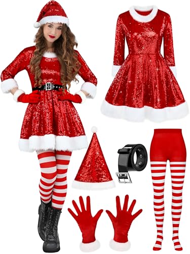 SOMSOC Weihnachtsmann-Kostüm für Damen, roter Samt, Pailletten, Weihnachtsmann-Kleid mit Gürtel, Hut, gestreifte Strumpfhose, Handschuhe, Weihnachtsmann-Outfit für Weihnachten, Rot/Ausflug, einfarbig SOMSOC Weihnachtsmann-Kostüm für Damen, roter Samt, Pailletten, Weihnachtsmann-Kleid mit Gürtel, Hut, gestreifte Strumpfhose, Handschuhe, Weihnachtsmann-Outfit für Weihnachten, Rot/Ausflug, einfarbig von SOMSOC