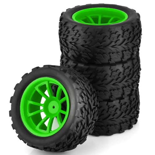 4 stücke 125mm Gummi 1/10 RC Monster Truck Reifen und Felgen 12mm Hex Mit Nylon 4mm kontermuttern for TRXS for Himoto for HSP for Redcat(4pcs Green) von SONHWNGE