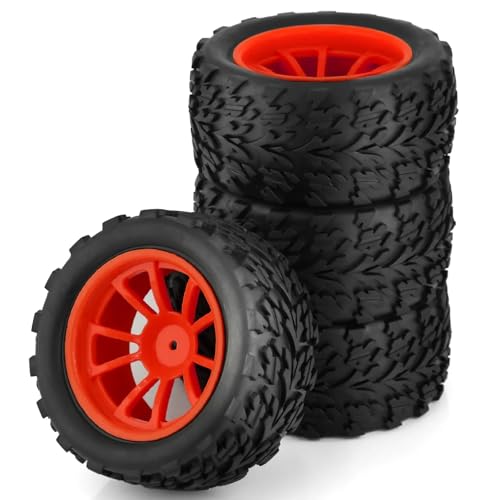 4 stücke 125mm Gummi 1/10 RC Monster Truck Reifen und Felgen 12mm Hex Mit Nylon 4mm kontermuttern for TRXS for Himoto for HSP for Redcat(4pcs red) von SONHWNGE