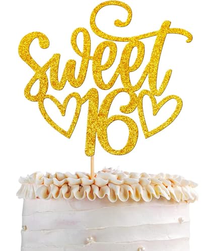 Sweet 16 Cake Topper 16. Glitzer Kuchen Topper Sweet Teenager Geburtstag Kuchen Pick, Sechzehn Jahre alt Rose Gold Topper für Kuchen, Happy Sweet 16 Party Dekoration Supplies (Gold) von SONSMER