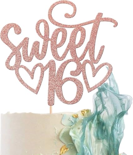 Sweet 16 Cake Topper 16. Glitzer Kuchen Topper Sweet Teenager Geburtstag Kuchen Pick, Sechzehn Jahre alt Rose Gold Topper für Kuchen, Happy Sweet 16 Party Dekoration Supplies (Roségold) von SONSMER