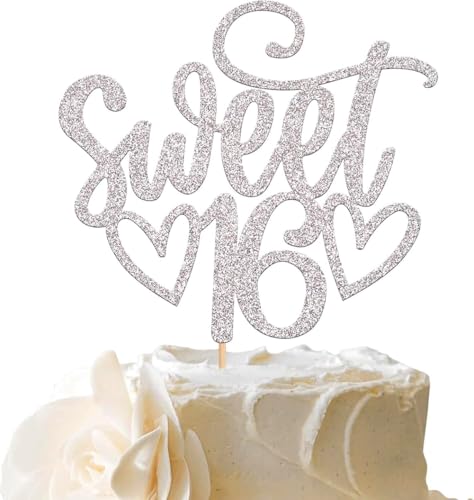 Sweet 16 Cake Topper 16. Glitzer Kuchen Topper Sweet Teenager Geburtstag Kuchen Pick, Sechzehn Jahre alt Rose Gold Topper für Kuchen, Happy Sweet 16 Party Dekoration Supplies (Silber) von SONSMER