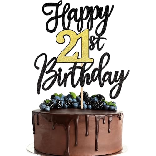 Tortenaufsatz "Happy 21st Birthday", Schwarz / Gold, Glitzer, Cheers to Twenty One Years Cake Pick 21, fabelhafte Kuchendekoration für Geburtstagsthema Happy Party Supplies (21. Geburtstag) von SONSMER