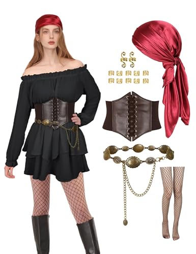 SOOFILM Piratenkostüm, Korsett für Damen, Taillengürtel, Kopftuch, Netzstrümpfe, Metallkette, Gürtel für Halloween, Cosplay SOOFILM Piratenkostüm, Korsett für Damen, Taillengürtel, Kopftuch, Netzstrümpfe, Metallkette, Gürtel für Halloween, Cosplay von SOOFILM