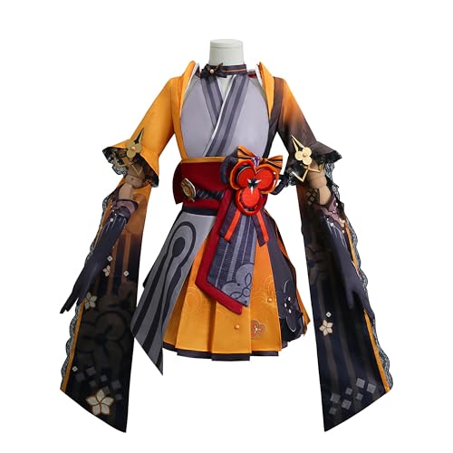 SOOYOOYOO Genshin Impact Cosplay Chiori Kostüm Orange-Grau mit Spitzenärmeln und Schleifen Ideal für Karneval und Anime-Fans(Weiblich,M) von SOOYOOYOO