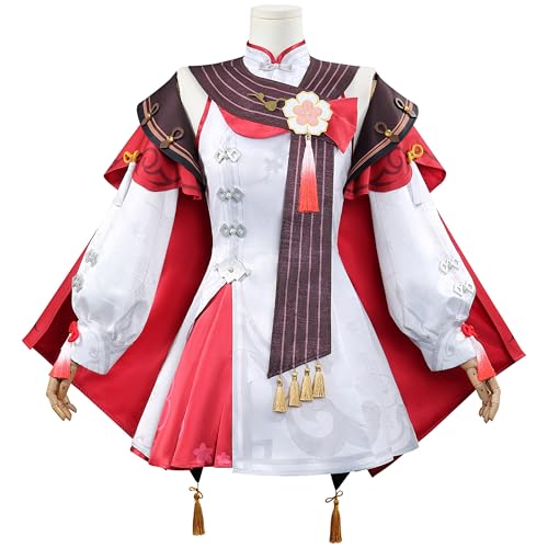 SOOYOOYOO Genshin Impact Cosplay Hutao Kostüm Weiß-Rot Kleidung mit Quasten und Blumenbrosche Ideal für Karneval und Anime-Fans(Weiblich,L) von SOOYOOYOO