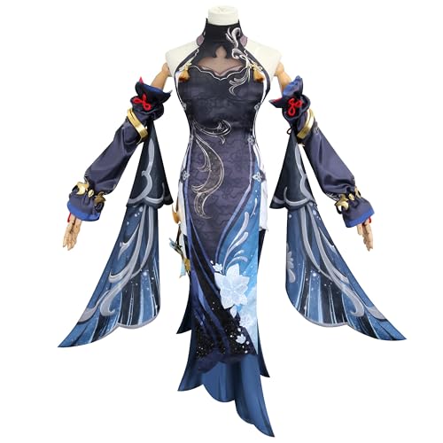 SOOYOOYOO Genshin Impact Cosplay Shenhe Kleid Dunkelblaues Kleid mit Weiß-Silber-Mustern und Accessoires Ideal für Cosplay und Anime-Fans(Weiblich, S) von SOOYOOYOO