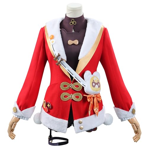 SOOYOOYOO Genshin Impact Cosplay Xiangling Kostüm Rote Jacke mit Weißem Pelzbesatz und Zubehör Ideal für Karneval und Anime-Fans(Weiblich,M) von SOOYOOYOO