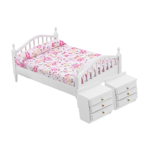 SOPOTUTU 1 Set Miniatur-hausmöbel: Mini-Bett Mit Schubladenschrank, Simuliertes Bett, Mini-möbel-Ornamente, Miniatur-puppenhausmodell von SOPOTUTU
