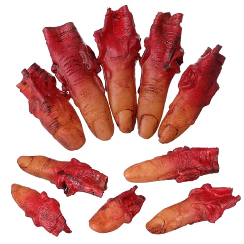 SOPOTUTU 10 Stück Realistische Blutige Abgetrennte Finger Halloween Deko Horror Requisiten für Gruselpartys Theater Dunkelrote Fake Severed Fingers für Halloween Spuk von SOPOTUTU