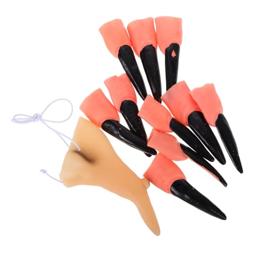 SOPOTUTU 11 Stück Halloween Hexennase und Teiliges aus Schwarzen Zombie Fingernägeln Leichte Tragbare Cosplay Fingernägel mit Hexenfinger Dekoration für Fasching und Kostümpartys von SOPOTUTU